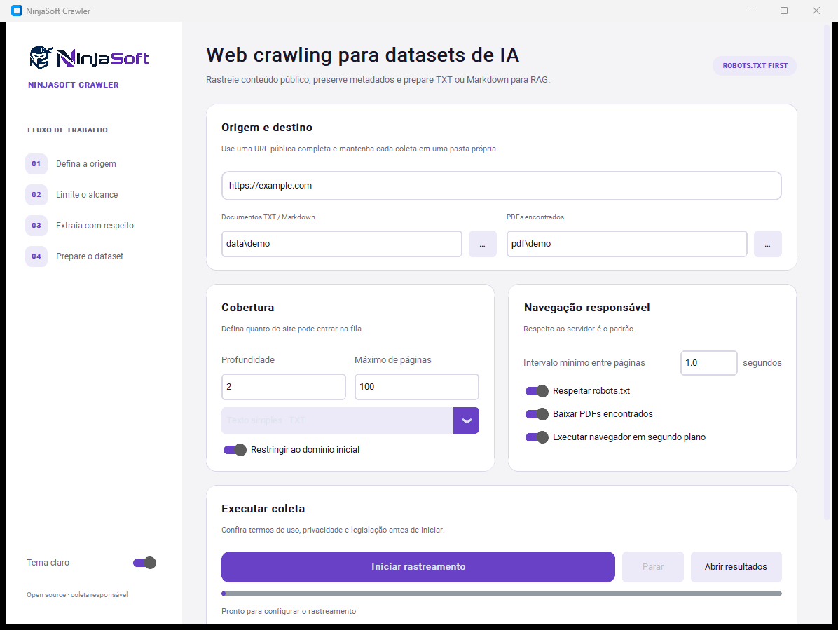 Interface completa do NinjaSoft Crawler no tema claro