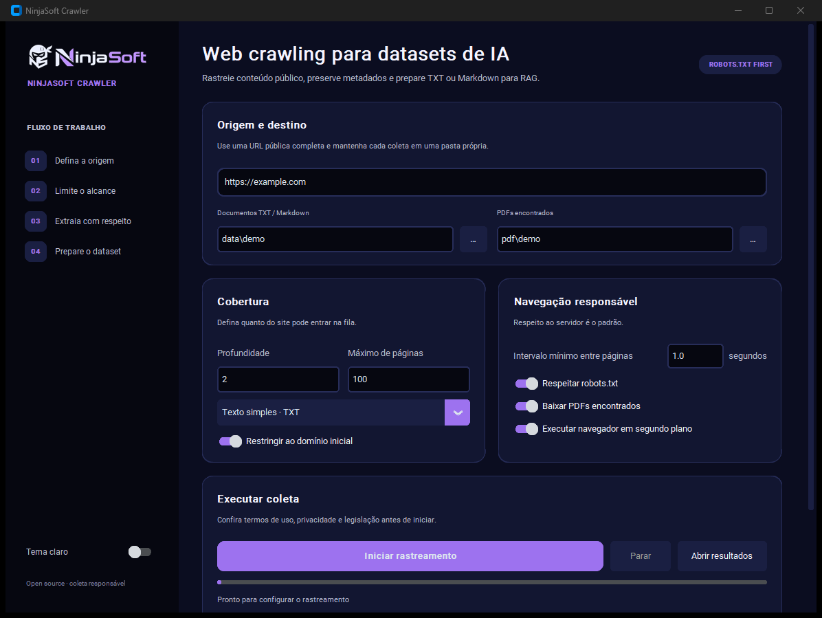 Interface completa do NinjaSoft Crawler no tema escuro