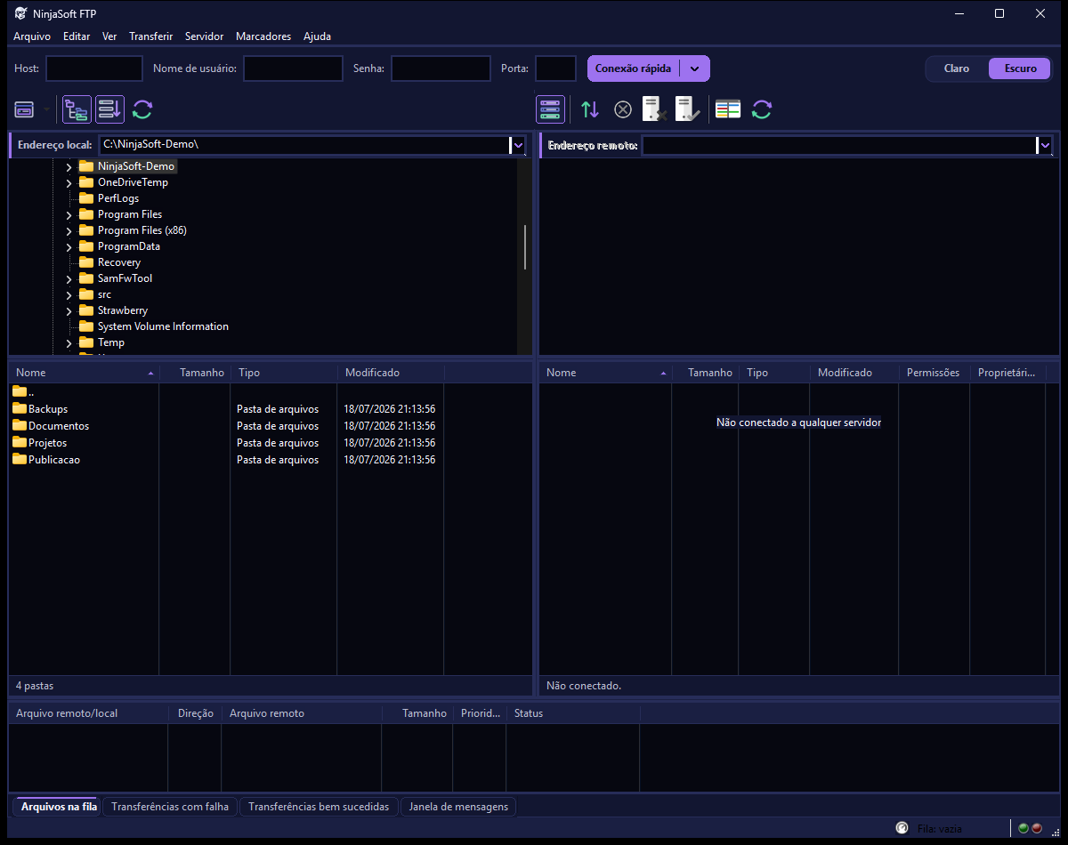 Interface completa do NinjaSoft FTP no tema escuro