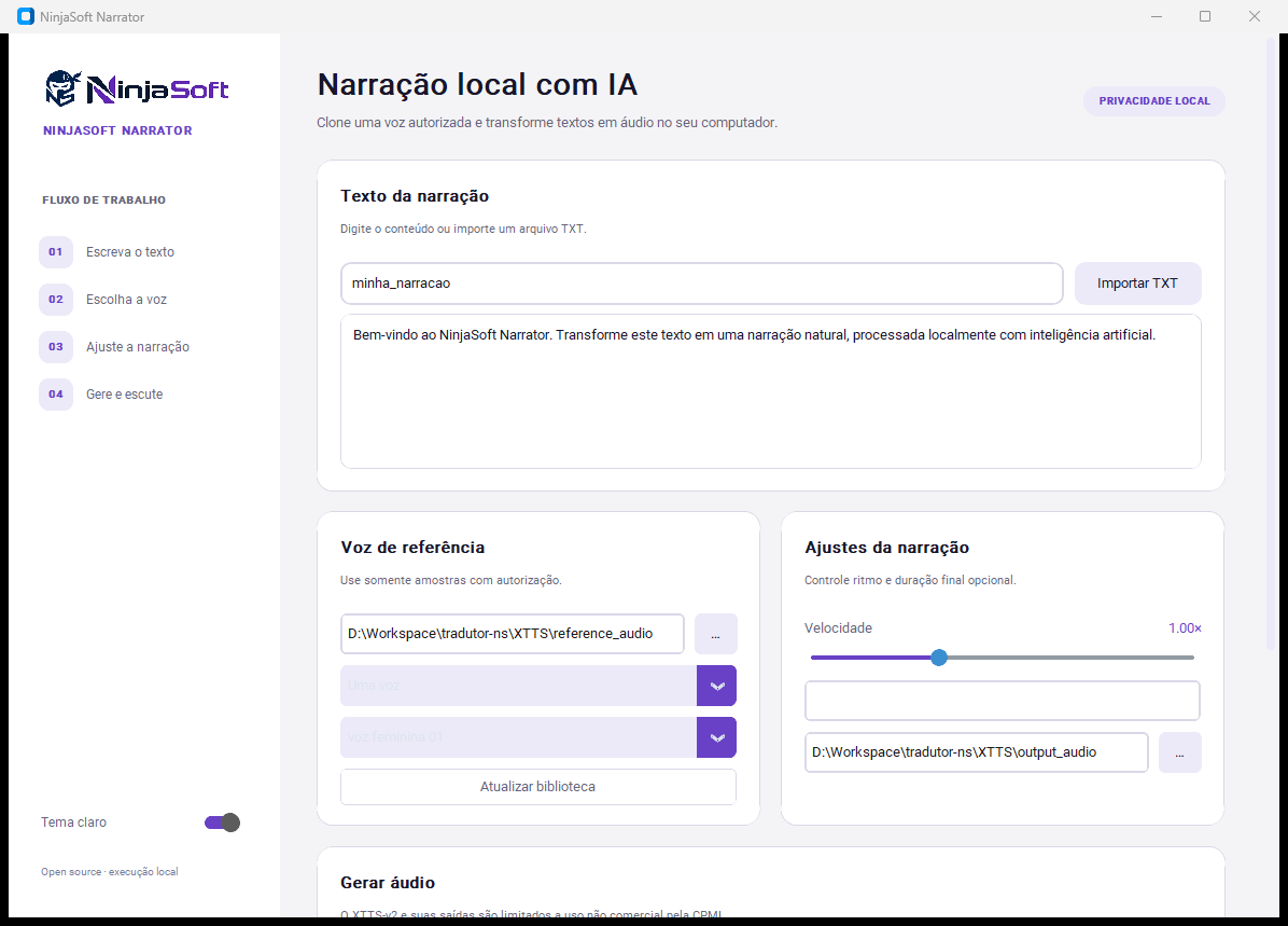 Interface completa do NinjaSoft Narrator no tema claro
