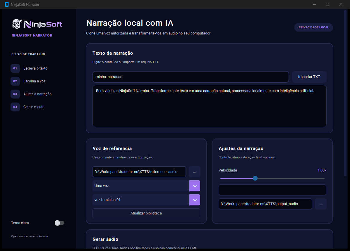Interface completa do NinjaSoft Narrator no tema escuro