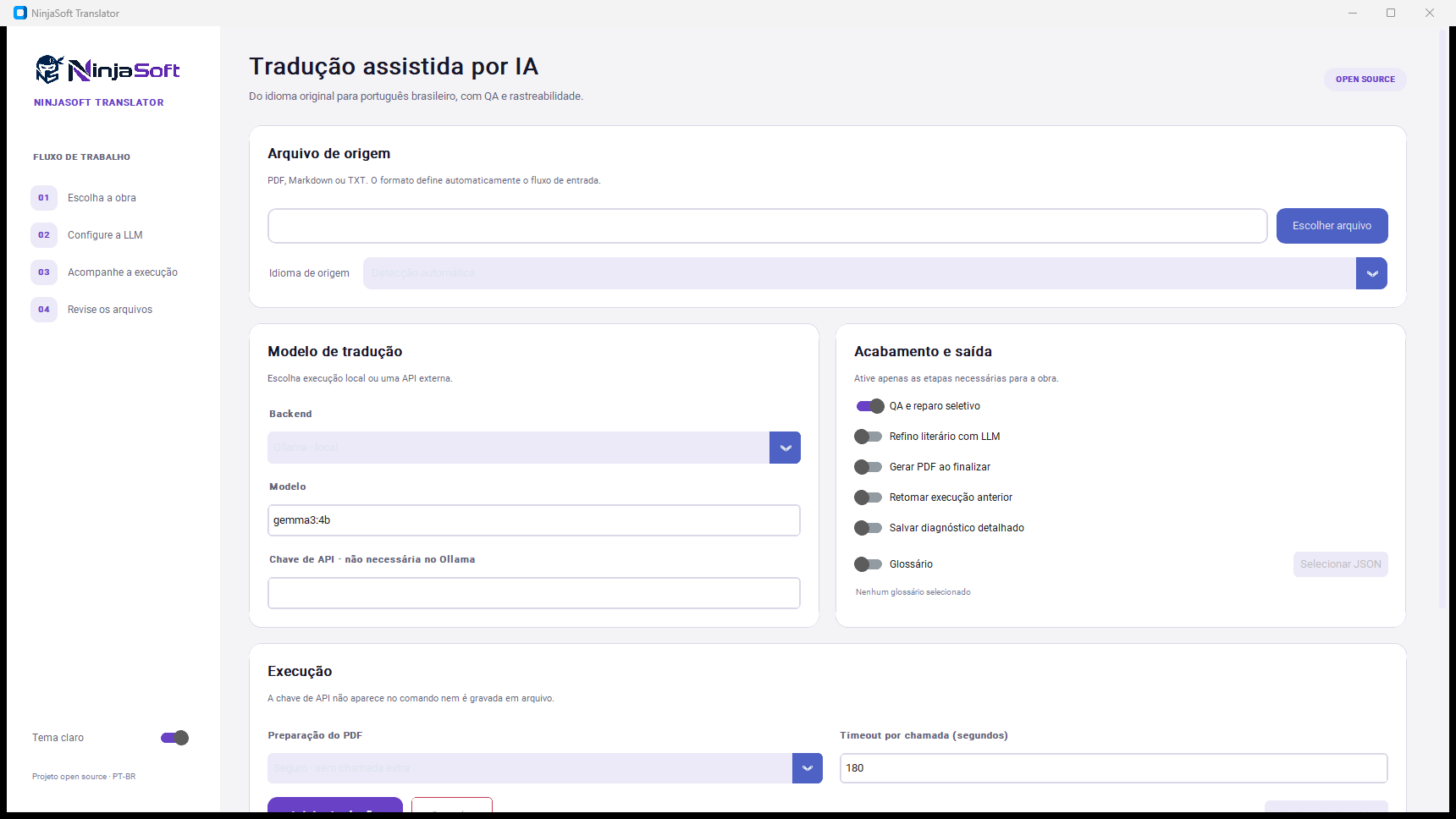 Interface do NinjaSoft Translator no tema claro