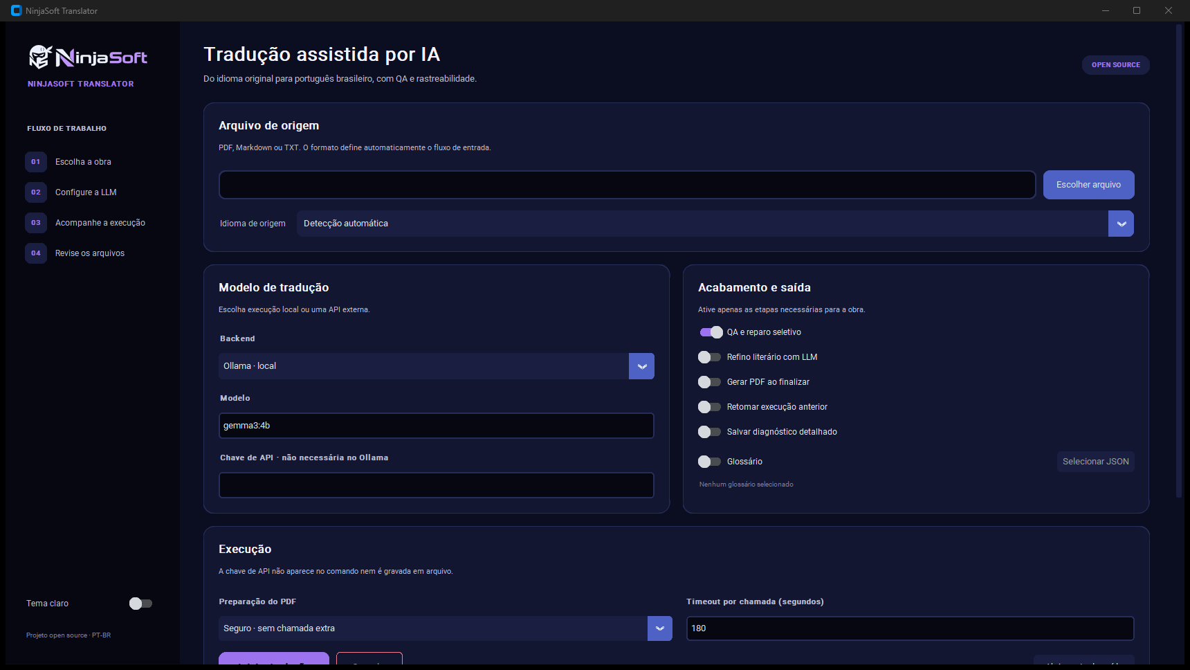 Interface do NinjaSoft Translator no tema escuro